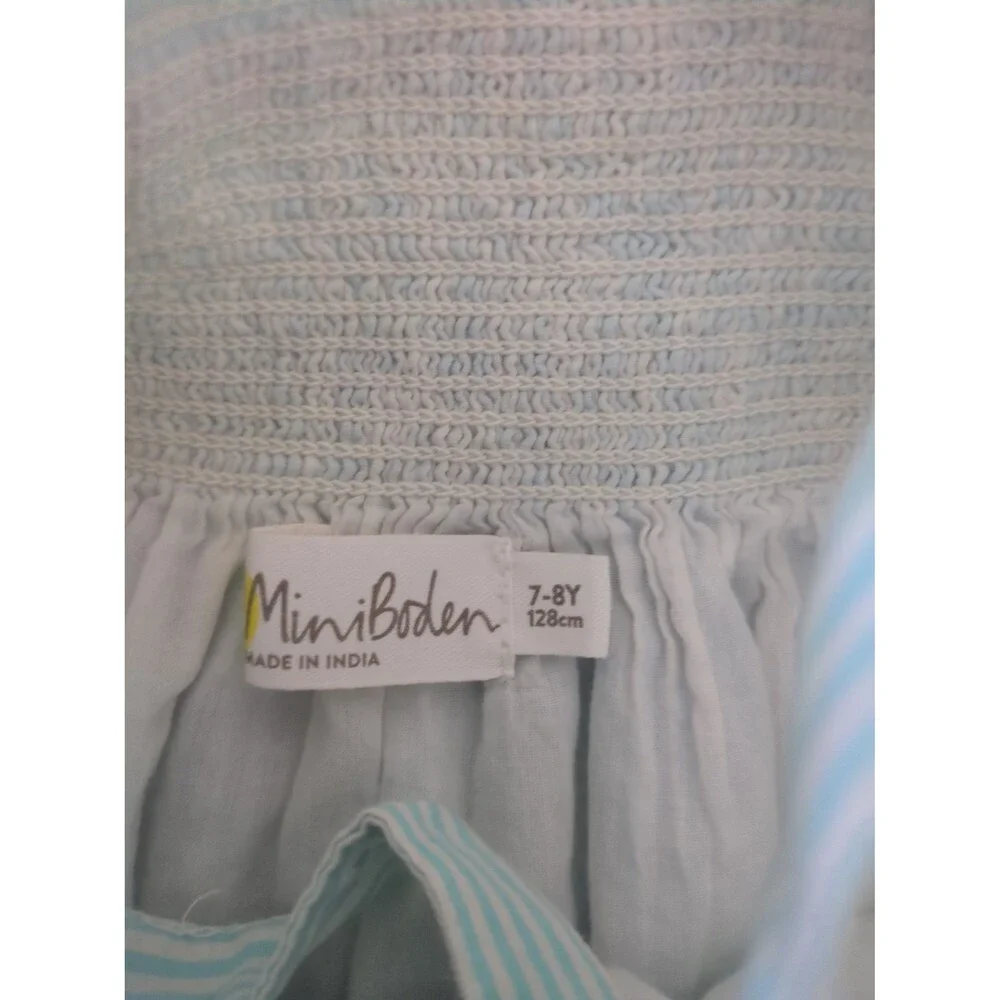 Mini Boden Girls Fun Appliqué Sun Dress Aqua Blue Ticking Parrot size 7/8 GUC